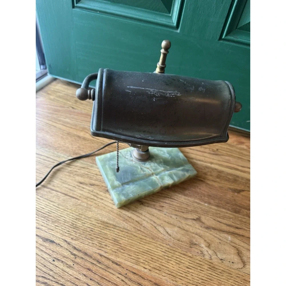 Vintage‎ Banker's Desk Lamp | Green Marble Base | Brass Lyre Stem | Mid Century